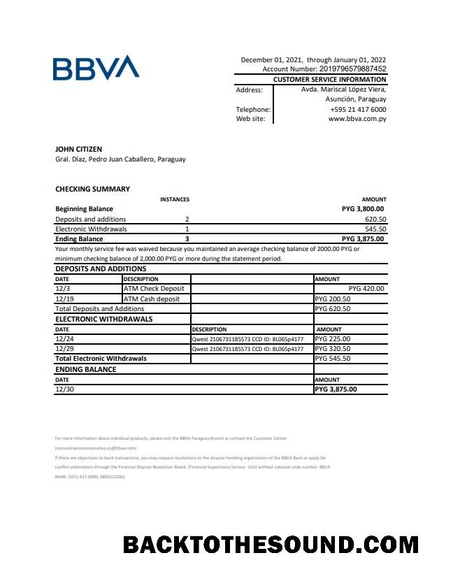 İndir Paraguay BBVA Banka Hesap Özeti XLS Örnek örnek
