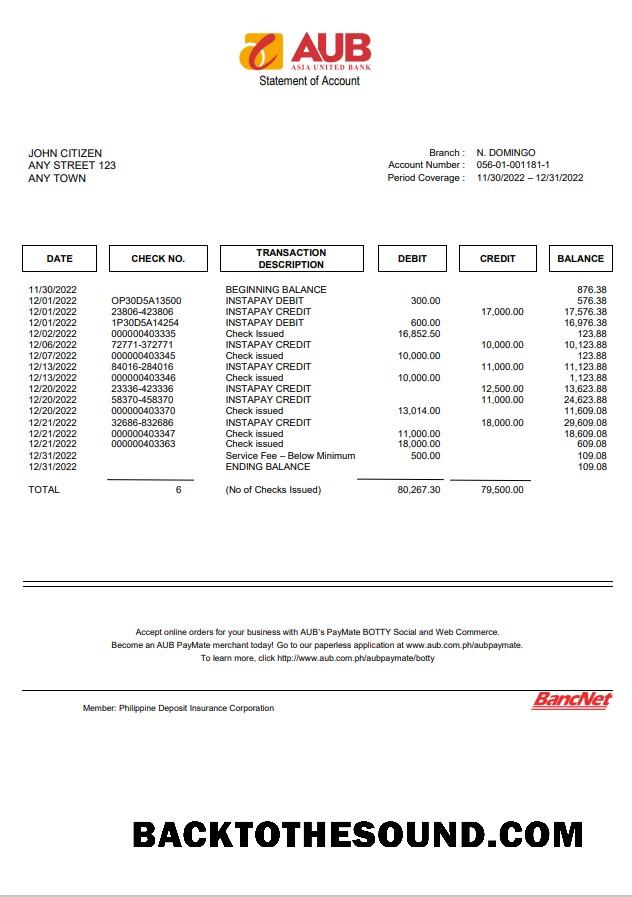 İndir Filipinler Asia birleşik Banka (AUB) Hesap Hesap Özeti Örnek ön izleme