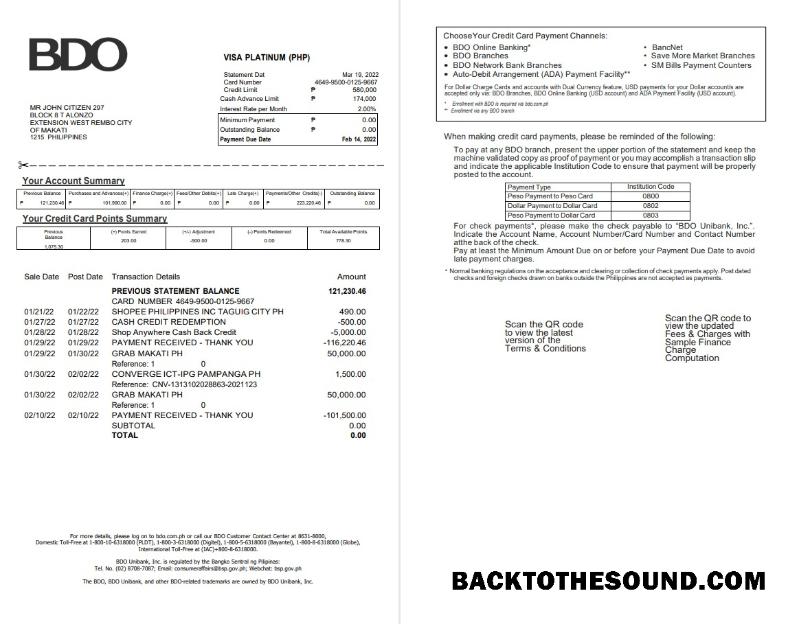 İndir Filipinler BDO Banka Kredi Kart Hesap Özeti 2 pages Örnek örnek