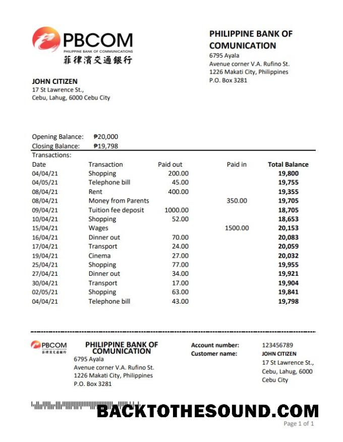 İndir Filipinler Banka of Communications Excel PDF Örnek tasarım