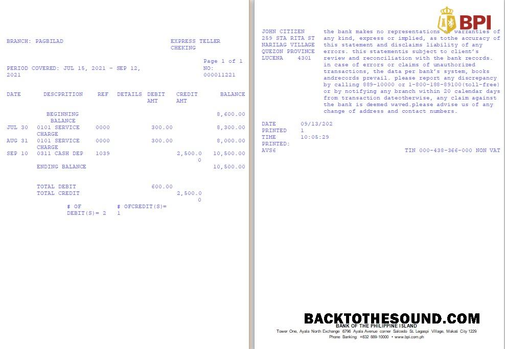 İndir Filipinler Banka of the Philippine Islands (BPI) Banka Hesap Özeti in Word and PDF Format, Sürüm 2 Örnek şablon