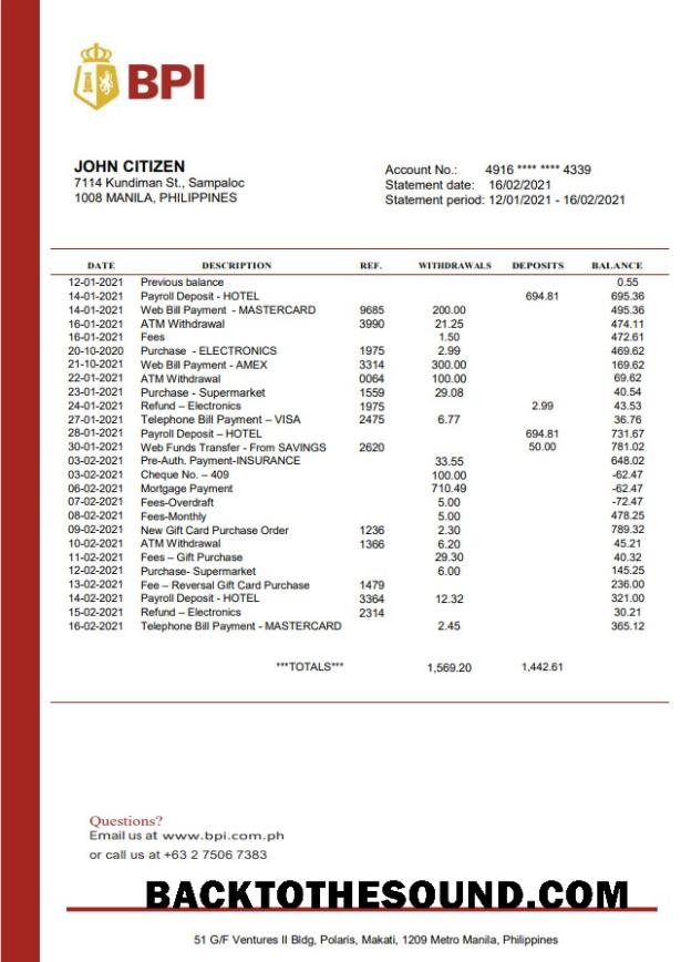 İndir Filipinler Banka of the Philippine Islands proof of address Banka Hesap Özeti in Word and PDF Format Örnek ön izleme