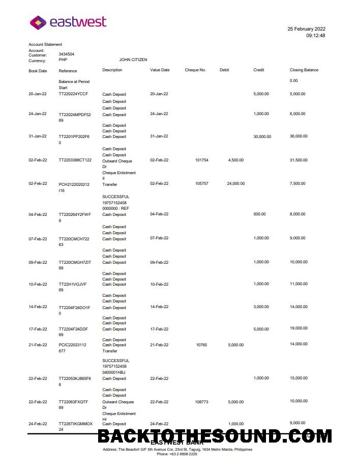 İndir Filipinler EastWest Banka Hesap Özeti in Excel and PDF Format Örnek ön izleme