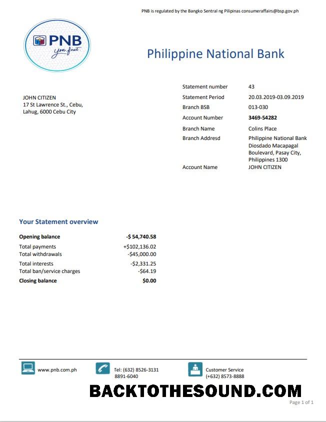 İndir Filipinler ulusal Banka (PNB) proof of address Banka Hesap Özeti in Word and PDF Format Örnek şablon