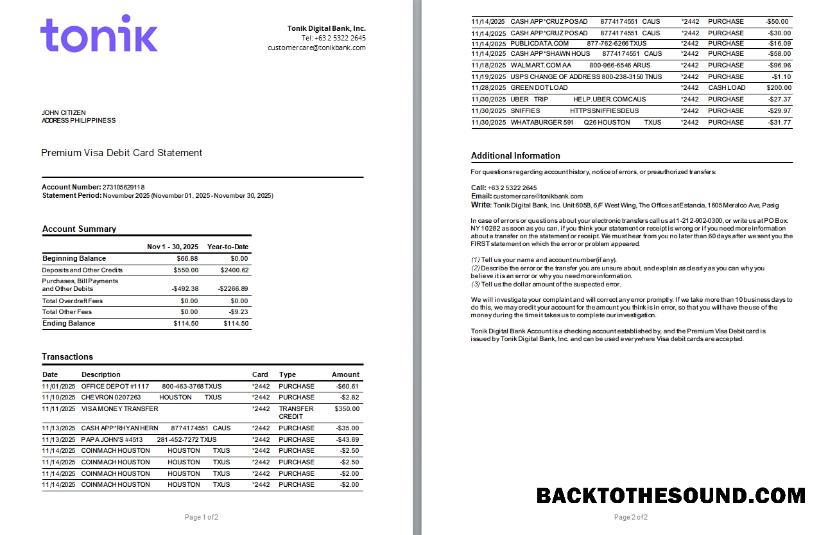 İndir Filipinler Tonik Banka Premium Vize Banka Kart Hesap Özeti Word and PDF scr, 2 pages Örnek taslak