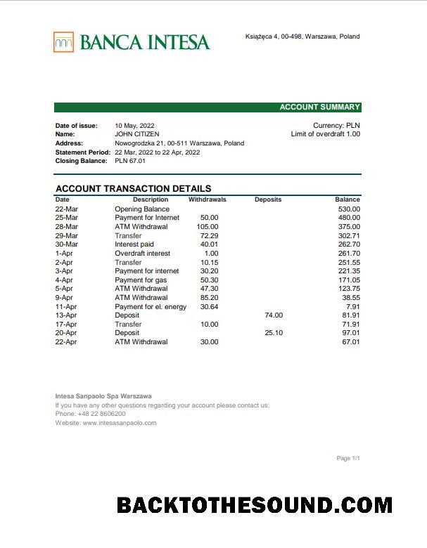 İndir Polonya Banca Intesa Banka Hesap Özeti Excel and PDF Örnek taslak