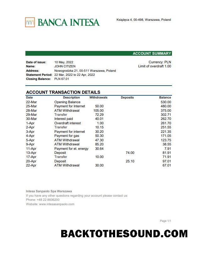 İndir Polonya Banca Intesa Banka Hesap Özeti Örnek taslak