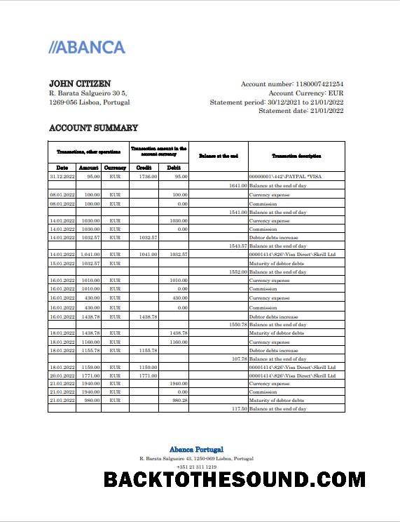 İndir Portekiz Abanca Banka Hesap Özeti Excel and PDF Örnek taslak