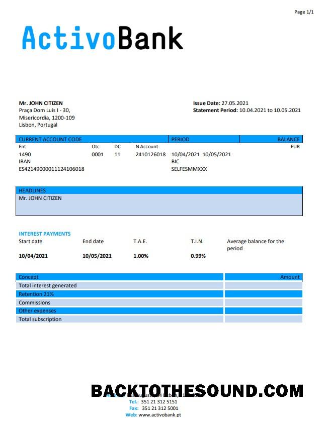 İndir Portekiz Banco Activobank S.A. Örnek şablon