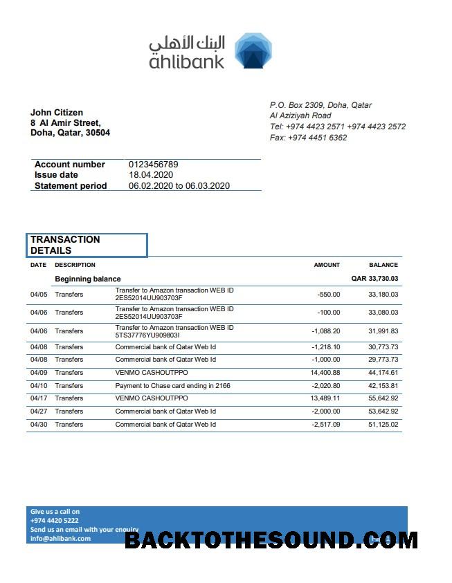 İndir Katar Ahlibank proof of address Banka Hesap Özeti in Word and PDF Format, .doc and .PDF Format Örnek taslak
