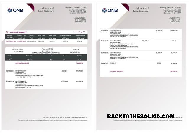 Gerçekçi İndir Katar QNB Banka Hesap Özeti Word and PDF Şablon, 2 pages Örnek