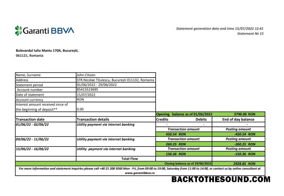 İndir Romanya Garanti BBVA Banka Hesap Özeti XLS Örnek tasarım