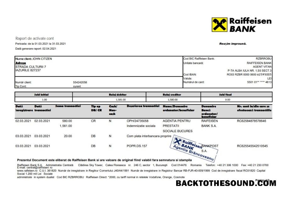 İndir Romanya Raiffeisen Banka Hesap Özeti in Excel and PDF Format Örnek taslak