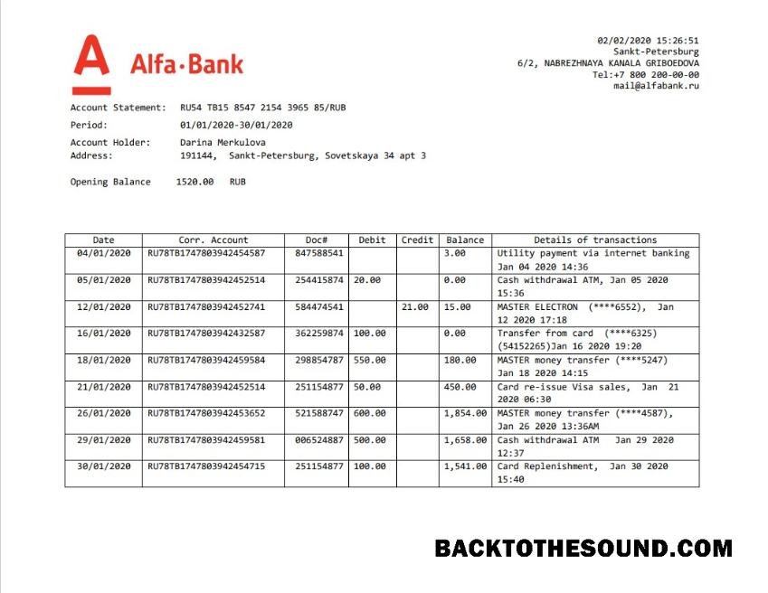 İndir Rusya Alfa Banka proof of address Hesap Özeti in Word and PDF Format Örnek taslak