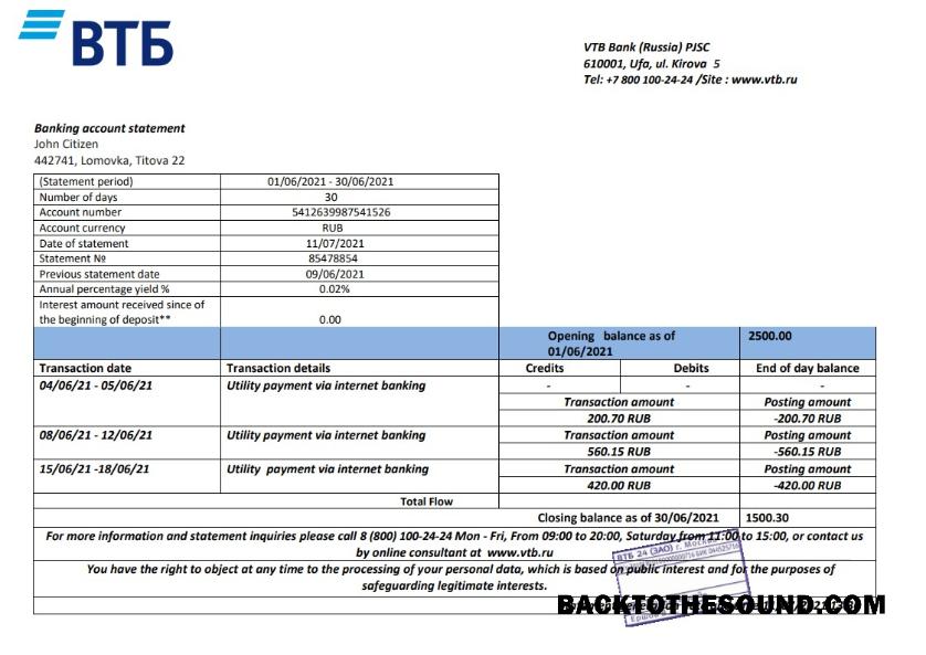 İndir Rusya VTB Banka proof of address Hesap Özeti in Word and PDF Format Örnek ön izleme