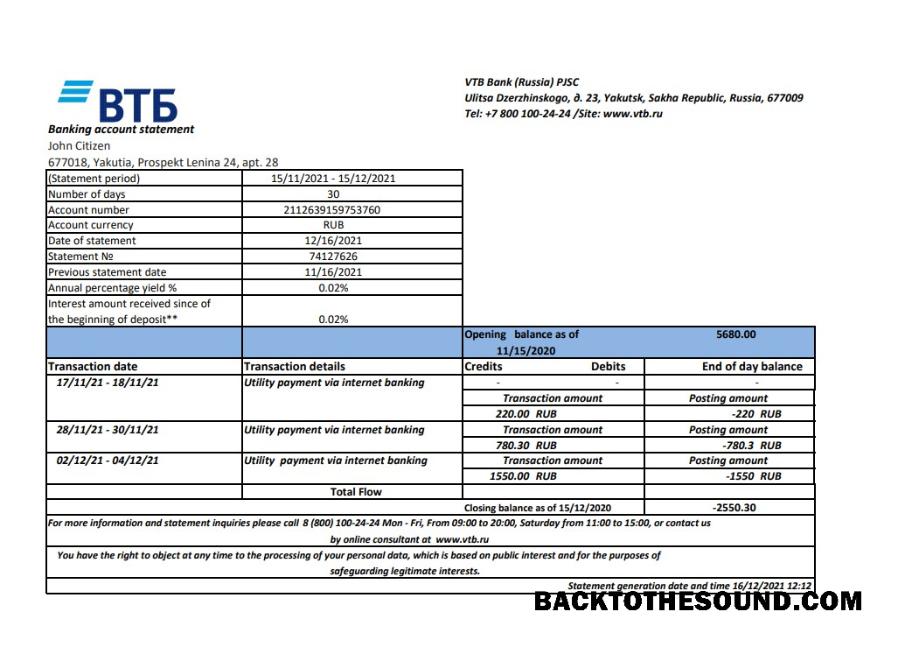 İndir Rusya VTB Banka Hesap Özeti easy to fill in .XLS and .PDF Dosya Format Örnek ön izleme
