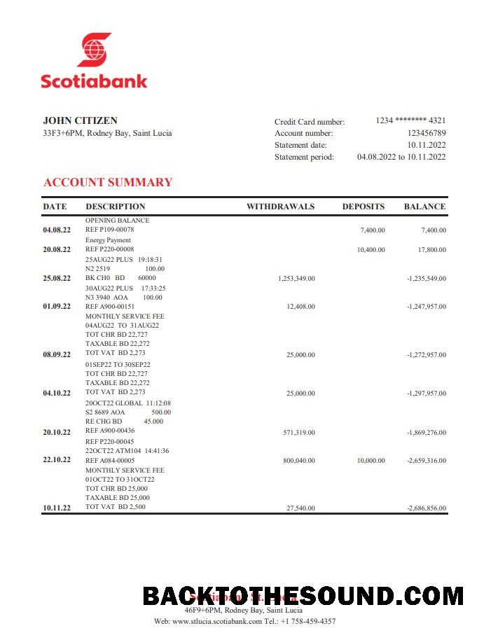 İndir Saint Lucia Scotiabank Banka Hesap Özeti XLS Örnek taslak