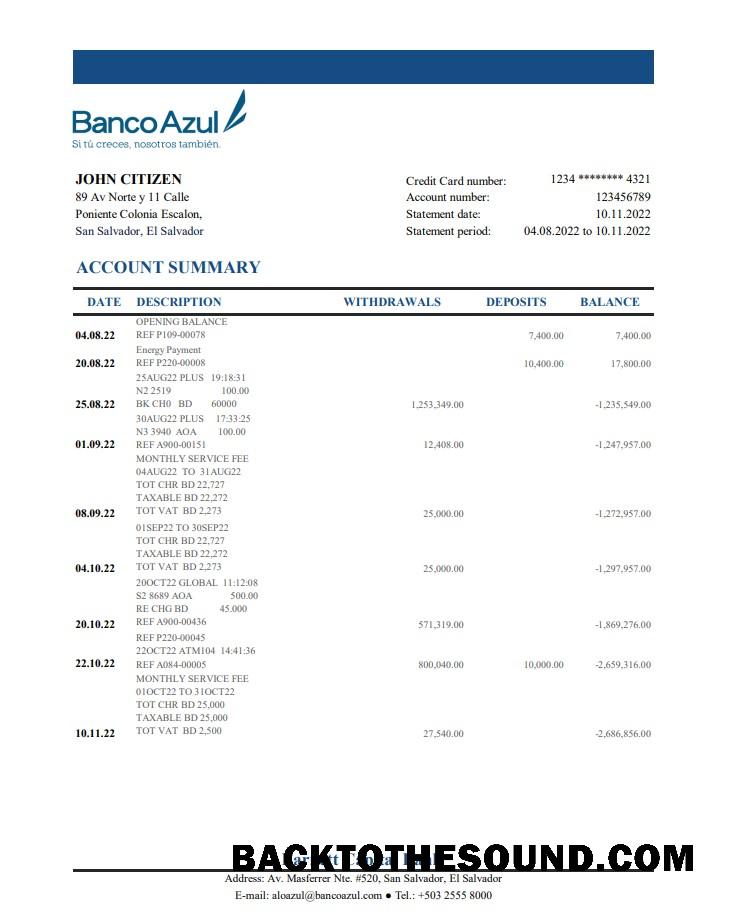 İndir Salvador Banco Azul Banka Hesap Özeti XLS Örnek taslak