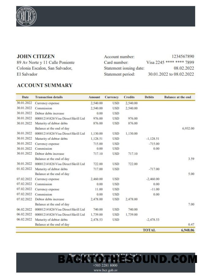 İndir Salvador Banco Central de Reserva de El Salvador Banka Hesap Özeti Örnek tasarım