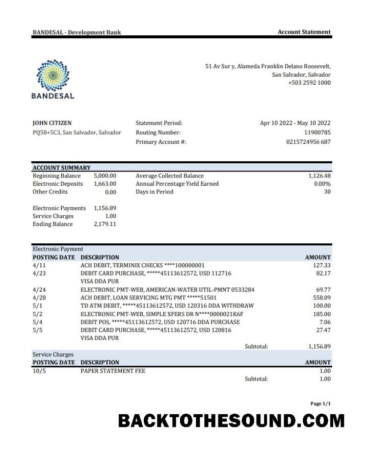 İndir Salvador Bandesal Banka Hesap Özeti Örnek şablon
