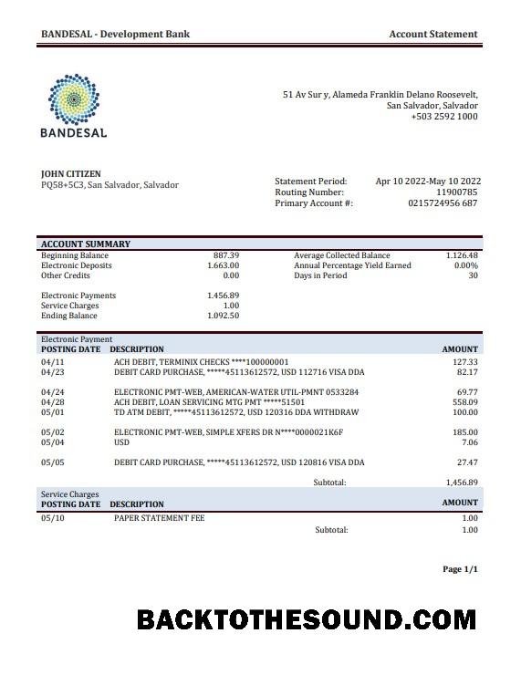 İndir Salvador Bandesal Banka Hesap Özeti in Word and PDF Format Örnek şablon