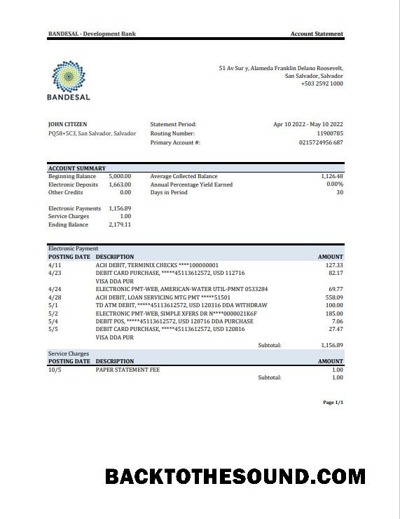 İndir Salvador Bandesal Banka Hesap Özeti, Excel and PDF Örnek şablon