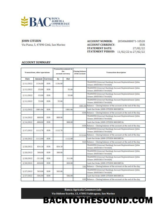 İndir San Marino Banca Agricole Commerciale Banka Hesap Özeti, Excel and PDF Örnek taslak