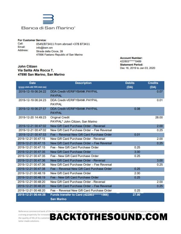 Profesyonel İndir San Marino Banca di San Marino Banka Hesap Özeti Şablon, Word and PDF Format (.doc and .PDF) Örnek