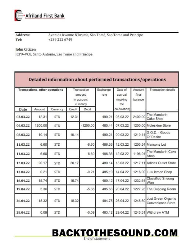 İndir São Tomé ve Príncipe Afriland First Banka Hesap Özeti.PDF Örnek şablon