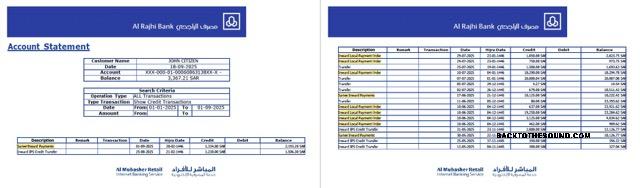 Gerçekçi İndir Suudi Arabistan Alrajhi Banka Hesap Hesap Özeti Word and PDF Şablon, 2 pages Örnek