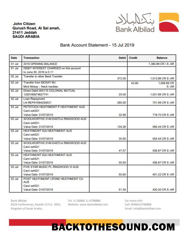İndir Suudi Arabistan Banka Albilad Banka Hesap Özeti in Word and PDF Format Örnek şablon