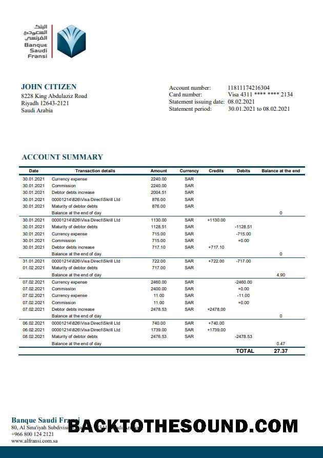 İndir Suudi Arabistan Banque Saudi Fransi Banka Hesap Özeti in Word and PDF Format, good for address prove Örnek tasarım