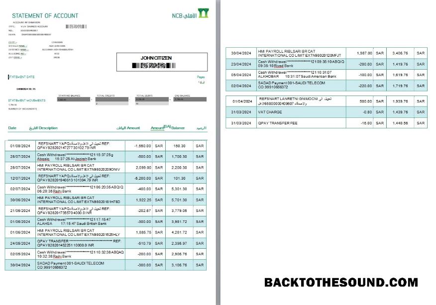 Yüksek Kalite İndir Suudi Arabistan NCB Banka Hesap Hesap Özeti, Word and PDF Şablon, 2 pages Örnek