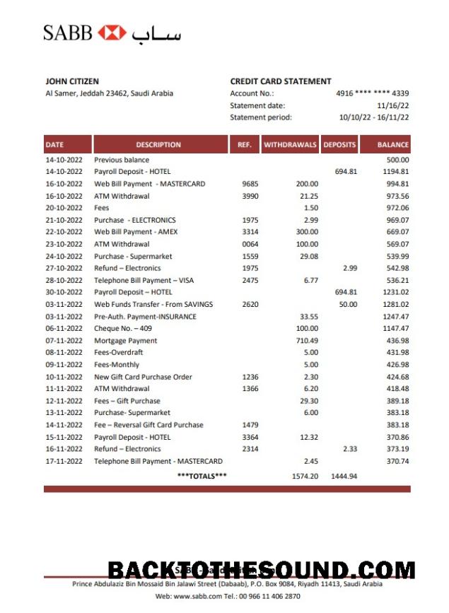 İndir Suudi Arabistan SABB Banka Hesap Özeti XLS Örnek tasarım