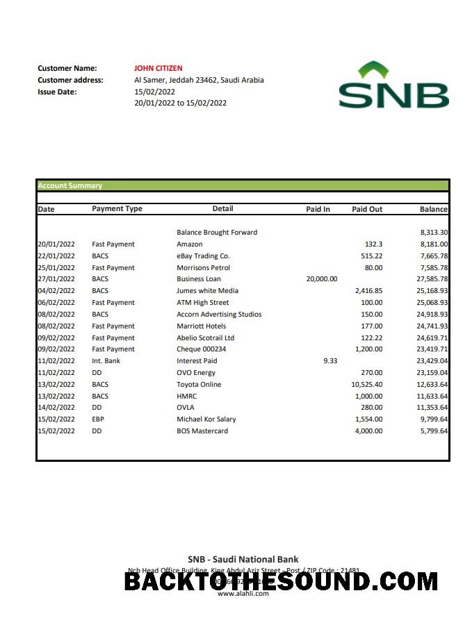 İndir Suudi Arabistan SNB Banka Hesap Özeti XLS Örnek tasarım