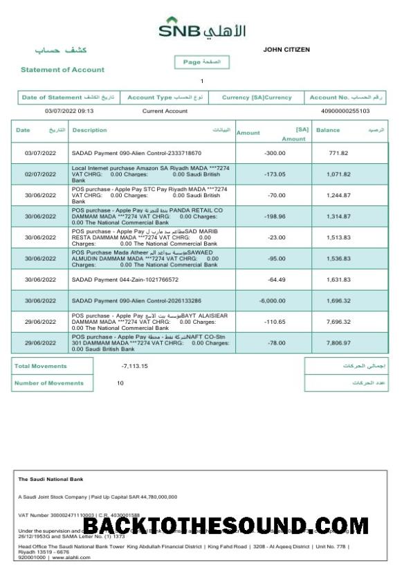 İndir Suudi Arabistan Saudi ulusal Banka Hesap Özeti Word and PDF Örnek şablon