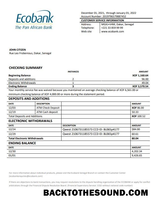 İndir Senegal Ecobank Banka Hesap Özeti Örnek taslak