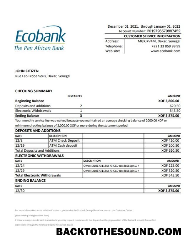 İndir Senegal Ecobank Banka Hesap Özeti XLS Örnek taslak