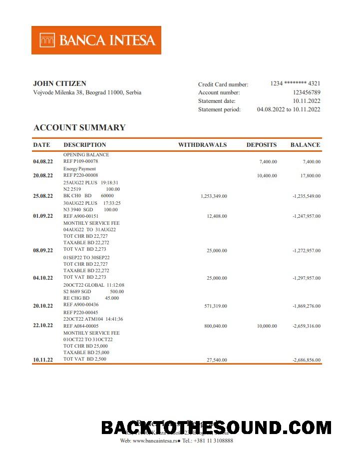 İndir Sırbistan Banca Intesa Banka Hesap Özeti XLS Örnek şablon