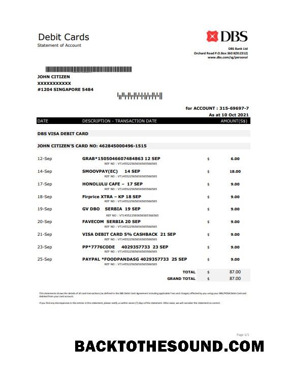 İndir Singapur DBS Banka proof of address Hesap Özeti in .XLS and .PDF Format Örnek örnek
