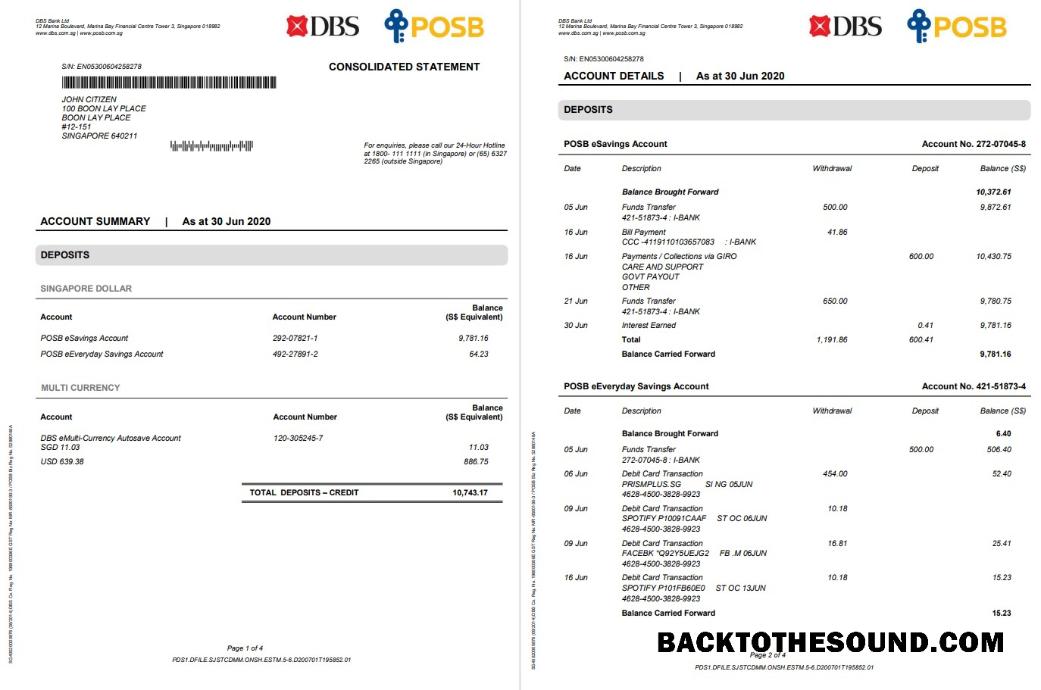 İndir Singapur DBS Banka proof of address Hesap Özeti in Word and PDF Format, 4 pages Örnek taslak