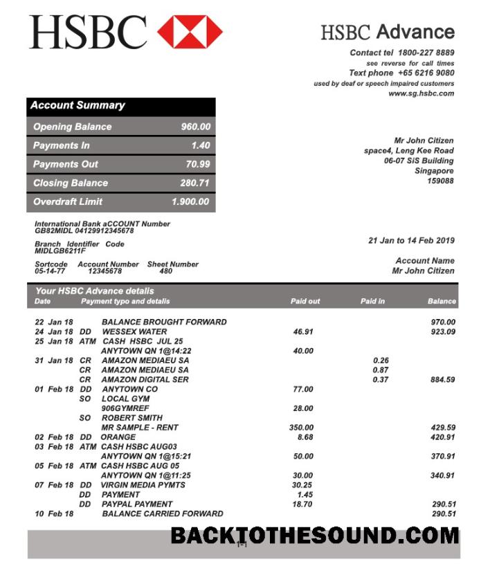 İndir Singapur HSBC Banka Hesap Özeti fully Düzenlenebilir in PSD Format Örnek ön izleme