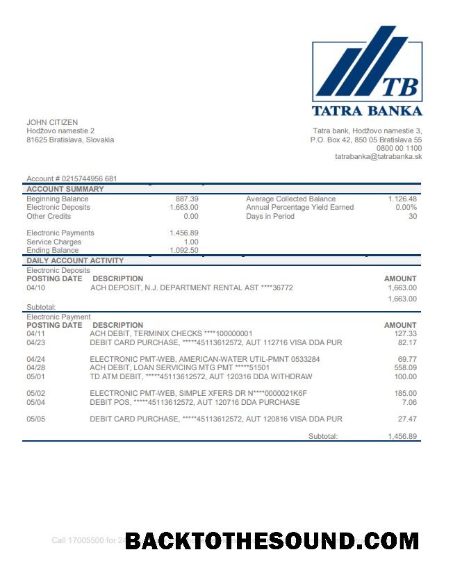 İndir Slovakya Tatra Banka proof of address Hesap Özeti in Word and PDF Format Örnek ön izleme
