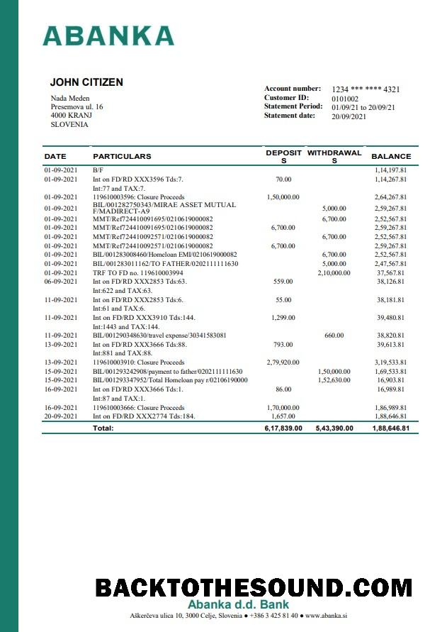İndir Slovenya Abanka d.d Banka Hesap Özeti in Word and PDF Format Örnek taslak