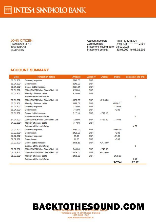 İndir Slovenya Intesa Sanpaolo Banka, Poslovalnica Koper Banka Hesap Özeti in Word and PDF Format Örnek örnek