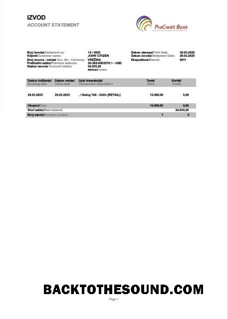 İndir Slovenya ProCredit Banka Hesap Hesap Özeti Word and PDF Örnek ön izleme