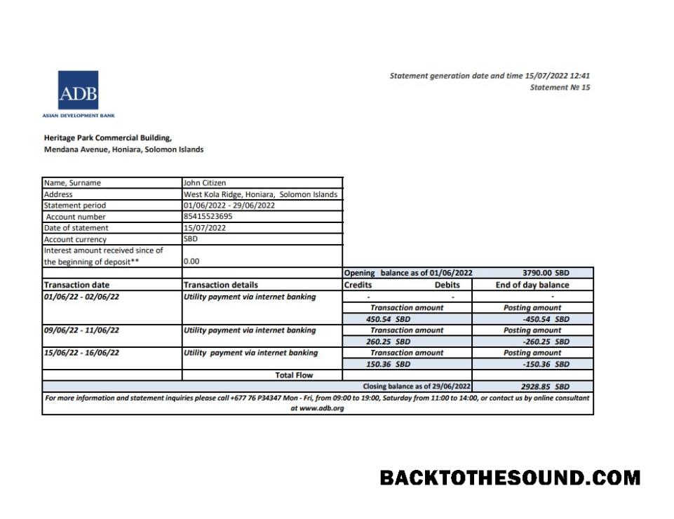 İndir Solomon Adaları ADB Banka Hesap Özeti, Excel and PDF Örnek örnek