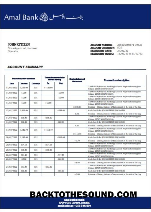 İndir Somali Amal Banka Hesap Özeti in Word and PDF Format Örnek ön izleme