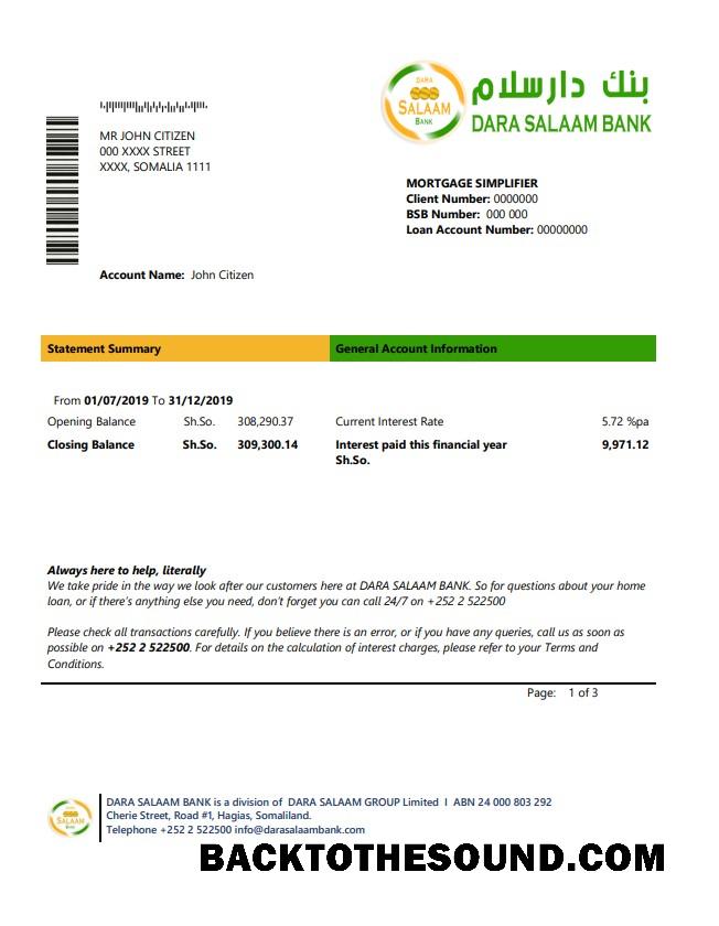 İndir Somali Dara Salaam Banka Hesap Özeti in Word and PDF Format, good for address prove Örnek şablon