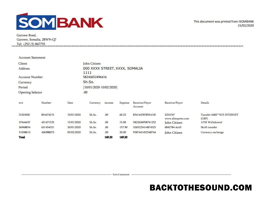 İndir Somali Sombank Banka Hesap Özeti in Word and PDF Format Örnek taslak